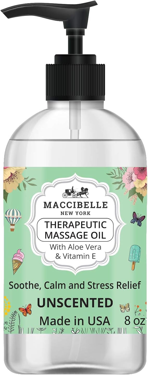 Unscented Natural Sensual Massage Oil Therapeutic Massage with Vitamin E and Aloe Vera a for Soothing, Calming and Muscle Relief 8 oz Fragance Free (Unscented)