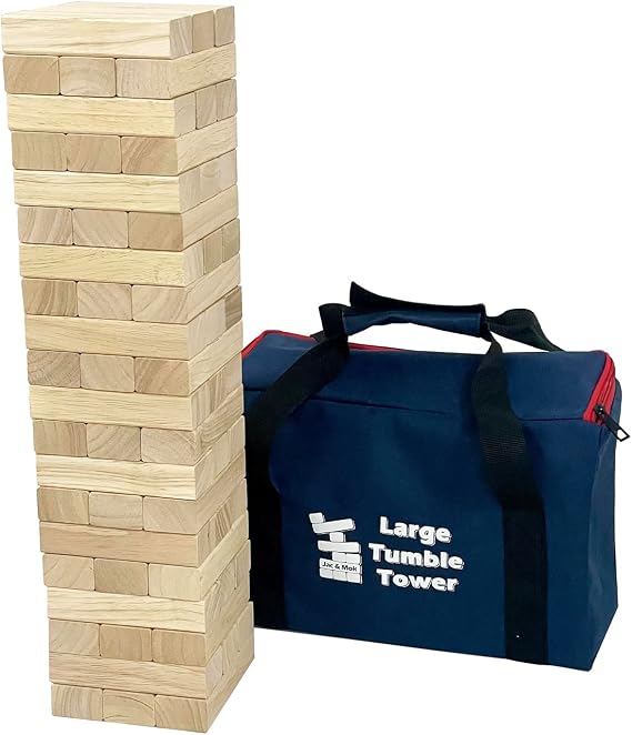 Jac & Mok Tumble Tower Wooden Toppling Blocks Game set,Large Table Top Stacking Games with Carrying Bag (60 pcs Large Tumble Tower, Hardwook Rubber wood)