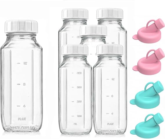 6 Pack 500ml/16oz Glass Milk Bottles with Lid,Reusable Dairy Drinking Bottles with Capacity Mark With 4pcs Silicone Bottle Dispenser for Juices, Dressings, Sauces, Beverages (500ML-6Pack)
