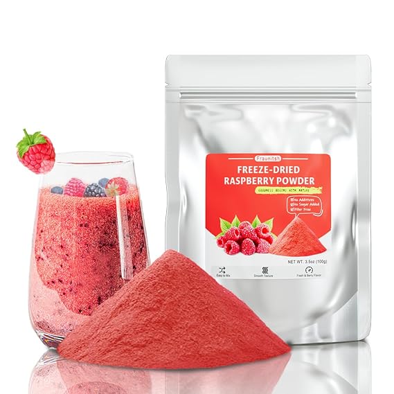 Fraunitsh Freeze Dried Raspberries Powder 3.52oz, No Sugar & No Additives | Natural Real Raspberry Fruit Powder for Smoothies, Baking, Cooking, Desserts, Yogurt, Food Coloring, Resealable Pouch