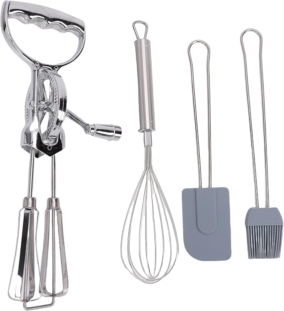 Rotary Egg Beater Set - High Efficiency Manual Egg Whisk with Silicone Spatula & Brush, Ergonomic Hand Mixer for Baking, Cooking, Whipping Cream, Mayonnaise