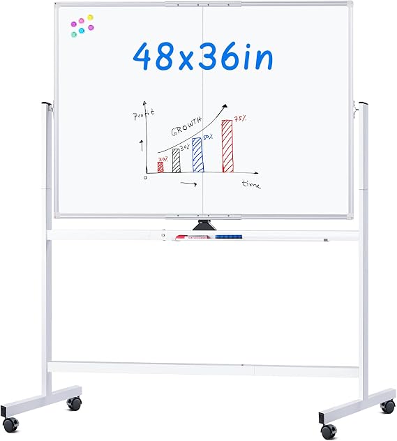 Maxtek Rolling Whiteboard 48 x 36 in Large Magnetic White Board on Wheels | Double-Sided Big Standing Dry Erase Board, Large Portable Writing Surface for Office, School, Home Office, and Homeschool