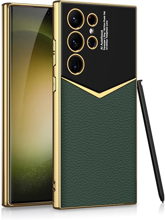 Leather Case for Samsung Galaxy S24 Ultra with Electroplated Frame, Vintage Luxury PU Non-Slip Grip Shockproof Full Body Protective Cover Phone Cases for Samsung Galaxy S24 Ultra 5G (Green)