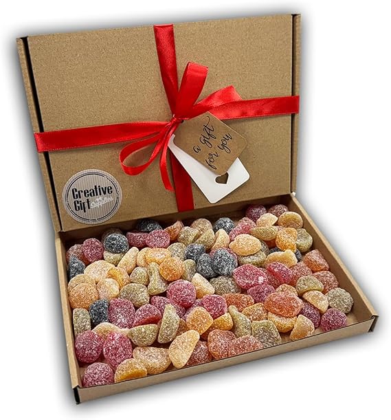 Fruit Pastilles Sweets Gift Box Hamper For Any Occasion (Brown Box, Red Ribbon)