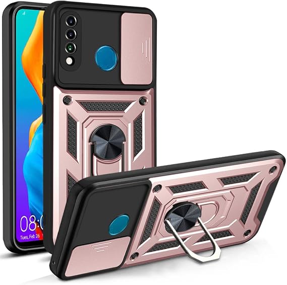 Phone Case for Huawei P30 Lite Heavy Duty Rugged with Metal Ring Stand & Camera Cover, Military Grade Shockproof Protective, fit for Magnetic Car Mount (Rose Gold)