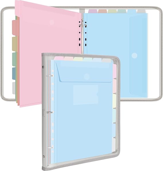 Uquelic Folder Organiser A4 Document Folder for Filing with 12 Plastic Document Pockets Waterproof PVC File Folder with Zip - Folder for School Home Office (Grey)
