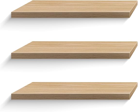Floating Shelves - Set of 3 Wood Wall Shelves for Bedroom, Living Room, Bathroom, Kitchen Storage, 16" Oak Grain Shelf