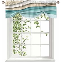 Teal Brown Ombre Tie Up Valance Curtains for Windows, Modern Geometric Kitchen Curtains Window Treatments, Abstract Moire Art Short Window Shades Valances for Bedroom Bathroom Cafe 42"x12"