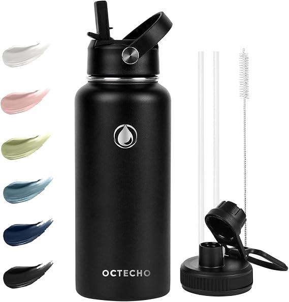 Metal Water Bottle with Straw, 950ml Stainless Steel Water Bottle 2 Leakproof Lids, BPA Free Double Walled Vacuum Insulated Water Bottles Thermal for 12h Hot & 24h Cold,for Man,Woman-Black