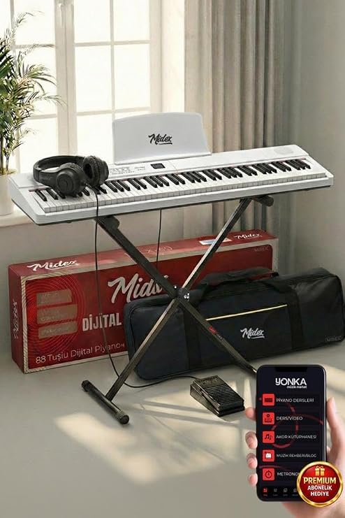 Midex PLX-80WHST Taşınabilir Katlanır Dijital Piyano Tuş Hassasiyetli 88 Tuş BT (Stand Sustain Kulaklık Çanta Metod)