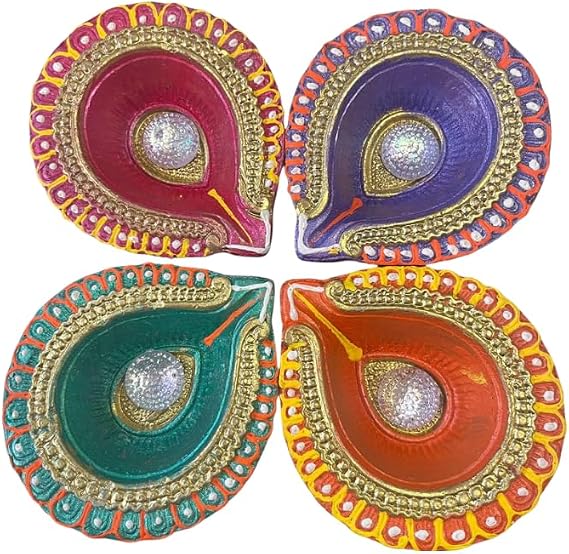 4 x Handcrafted Diwali Diyas Clay Oil Lamps with Stone Centre – Vibrant Colours, Golden Accents, Reusable Festival Lights for Puja, Navratri, Weddings, Housewarming & Home Décor