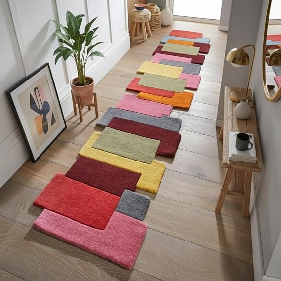 Hand Tufted Wool Runner Rug – Handmade Geometric Block Pattern with Colorful Gradient – Soft Durable Carpet for Living Room Bedroom Kitchen Hallway Home Décor (Multi Color, 2.6' x 10')