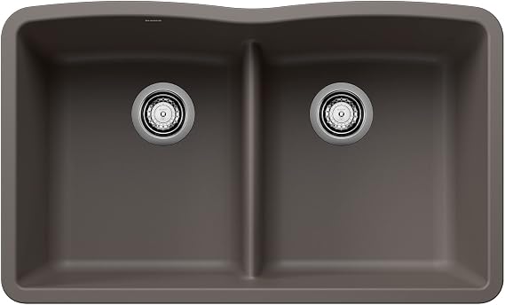 BLANCO 443106 Diamond Silgranit 50/50 Double Bowl Undermount Kitchen Sink with Low Divide, 32" L X 19.36" W - Volcano Gray