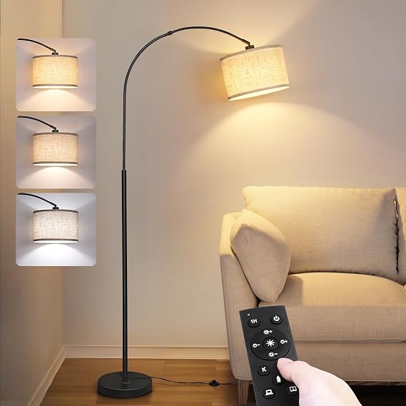 Arc Floor Lamp,72" Floor Lamps with Remote Control&Lampshade,Stepless Dimmable Colors Temperature(3000K-6000K) & Brightness(10%-100%),Foot Switch,Standing Lamp for Living Room Bedroom Office-Black [Energy Class A]