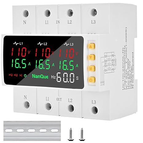 3 Phase Din Rail Voltage Current Protector, Multi-Functional Over/Under Voltage Over Current Phase Protection Device with LCD Display, Automatic Recovery, 100-240V, 1-63A/100A Adjustable (63, Amps)