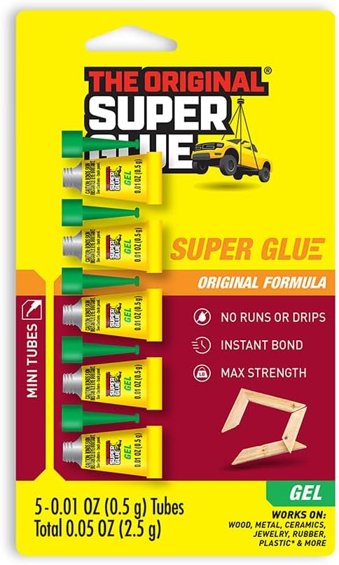 Super Glue Gel, 5 Mini Single-Use Tubes, Clear, Instant Bonding, No-Drip Formula, Cyanoacrylate Adhesive, Precision Tip for Wood, Metal, Plastic, Crafts, Ceramic, and Vertical Surfaces