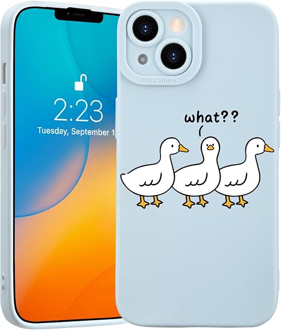 JOYLAND Funny Duck Phone Case for iPhone 15, Cartoon Doubt Duck Cute Animal Design Kawaii Blue Case, Soft Silicone Full Body Protection Shockproof Cell Phone Case for Girls Boys Women, 6.1 Inch