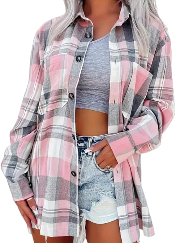Women's Long Sleeve Button Down Shirt Casual Plaid Flannel Loose Shirt with Pocket