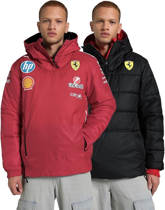 PUMA Scuderia Ferrari F1 2025 Team Reversible Jacket - Red | Reversible team rain jacket (black and red), Team stripe detail, Officially licensed