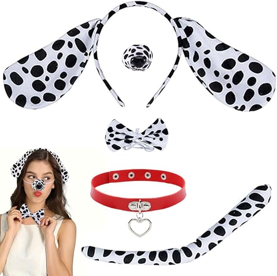 Dalmatian Costume Adult Set Animal Dog Costume Accessories Puppy Ears Nose Headband Tail Choker Leather Collar for Women Halloween Party Dress Up