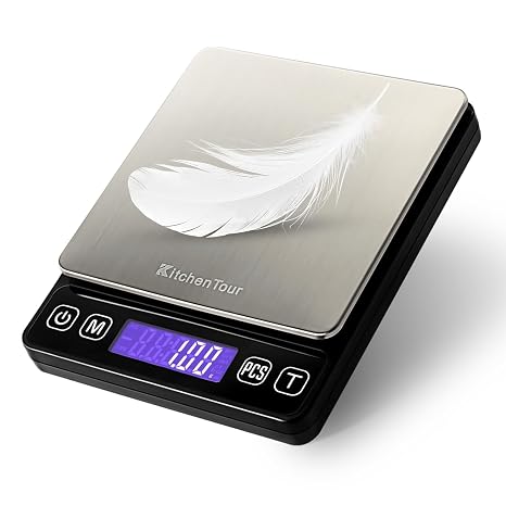 KitchenTour Mini Gram Scale for Coffee, Jewelry and Small Items, 500g x 0.01g Digital Pocket Scale with Tare, 6 Units, Back-Lit LCD, 2 Trays, Black
