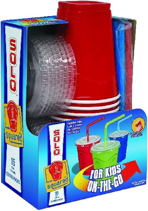 Solo 9 Oz Plastic Cup, Lid, Straw Combo Pack, 15 Cups (Red)