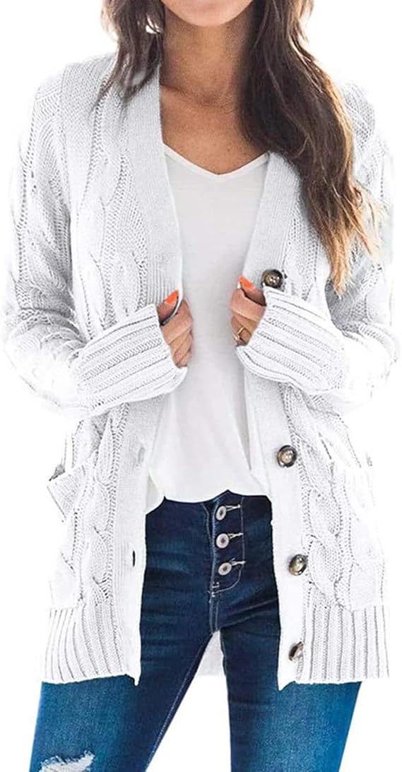 Easygou Womens Button Cardigan Sweater Coat Cable Chunky Knit Oversized Sweater Soft Long Sleeve Open Front Slouchy Pocket Outwear Coat