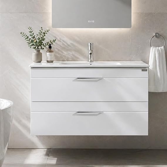 wonline 36" Wall Mounted Bathroom Vanity Set Two Drawers Storage Cabinet with Ceramic Vessel Sink Combo Chrome Faucet White