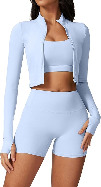 Workout Sets for Women 3 Piece Long Sleeve Zip Up Jacket, Sports Bra, High Waisted Yoga Shorts Gym Athletic Sets
