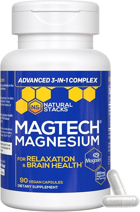MagTech Magnesium Complex with Glycinate, L-Threonate & Taurate - 90 Count | Advanced 3 in 1 200mg Chelated Triple Blend w/ Magtein - Supports Relaxation & Brain Health for Women & Men - Natural Stacks