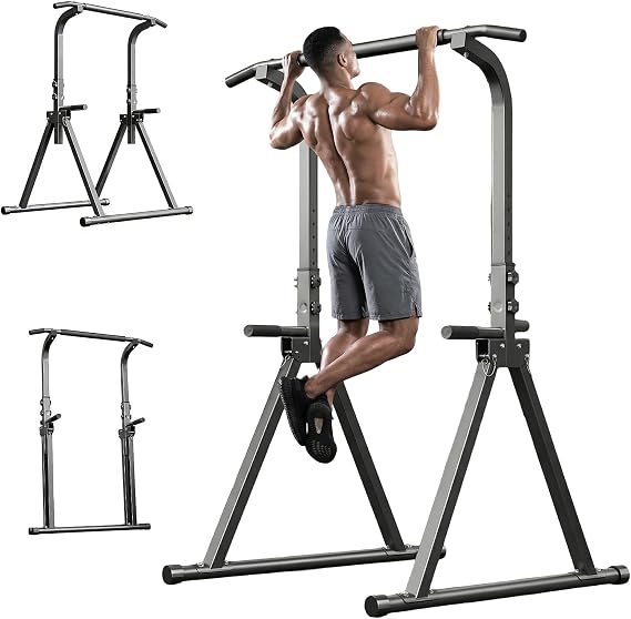 Foldable Power Tower, Pull Up Bar with 11-Height Adjustment(68.9-82.7in), Free Standing Dip Station for Home Gym, Multi-Function Training Equipment for Pull-up, Press-up, Strength Training