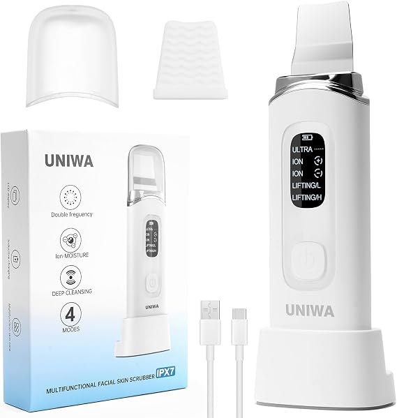 UNIWA Skin Scrubber Face Spatula, Ultrasonic Skin Scrubber Skin Spatula Pore Cleaner Blackhead Remover Tool for Facial Deep Cleansing-4 Modes, with LCD Display, IPX6 Waterproof - White