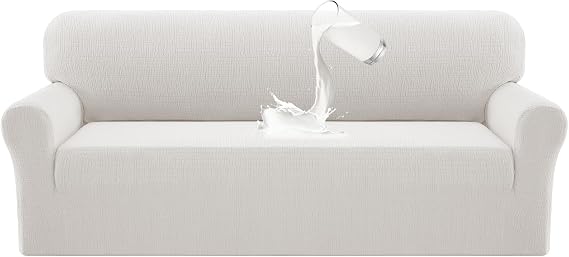 PrinceDeco 100% Waterproof Couch Covers for 3 Cushion Sofas,Stretch Jacquard Fitted Couch Cover,Sofa Covers Washable Furniture Protector for Kids, Pets, Dog (Sofa XL Seat Width 76"-80", Pale Oak)