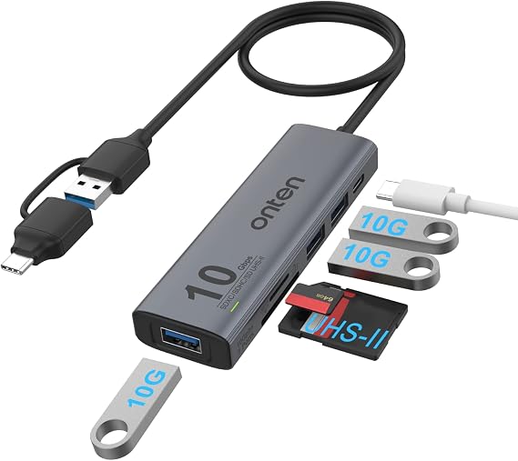 USB C USB HUB,Onten USB 3.2 GEN 2 10G Speed, USB A/USB C to USB A Adapter.with 3 USB A Ports(10G) and UHS-II SD/TF Ports, USB C UHS-II SD Card Reader Compatible with SD/SDHC/SDXC/Micro SD