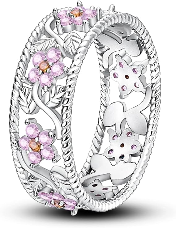 Hapour 925 Sterling Silver Women Rings with Pink Flower Cubic Zirconia, Stackable Eternity Rings Statement Rings for Women