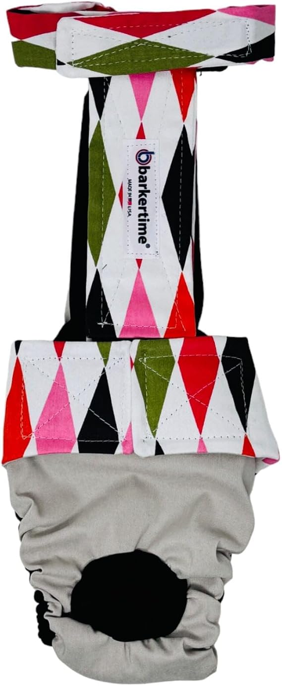 Fancy Harlequin on Frosty Cream Dog Diaper Overall, L, Without Tail Hole - Made in USA