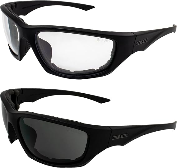 Epoch Eyewear Foam-3 Padded Motorcycle Sunglasses 2 Pair Black Frames with Smoke Lens & Clear Lenses