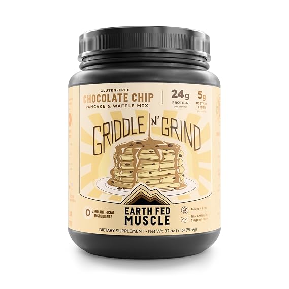Earth Fed Muscle Griddle N' Grind Chocolate Chip Protein Pancake Mix & Waffle Mix Protein Pancakes Gluten Free, High Protein & Fiber, Just Add Water 2lbs, 13 Servings