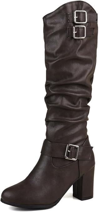 Slouchy Knee High Boots for Women Fall Boots with Buckle Chunky Heel Winter Boots Long Tall Dress Boots