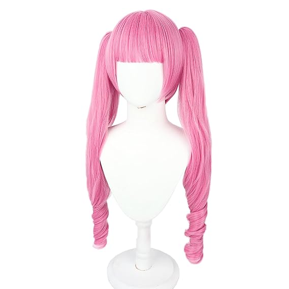 XiongXiongLe Long Pink Curly Hair Wig with Two Braids for Adult Cos Party