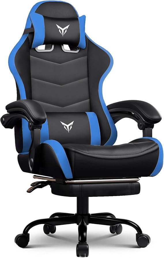 GTPLAYER Gaming Chair High Back Computer Chairs with Foot Rest for Adults, Ergonomic Height Adjustable Recliner Chair 300lbs with Linkage Armrest and Lumbar Support for Home Office, Blue