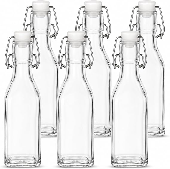 250ml Glass Bottles with Stoppers, 6 Pack Clip Top Preserve Bottles | Airtight Swing Top Bottles, Ideal for Juice, Milk, Oil, Vinegar, Syrups, Sauces and Homebrew - Vintage Style Kitchen Storage