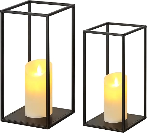 Eufrozy Modern Farmhouse Lantern Decor Black Metal Candle Lanterns Decorative Indoor Set of 2 Rustic Candle Holder Decoration for Living Room/Home/Outdoor/Table/Fireplace/Mantle/Wedding/Porch