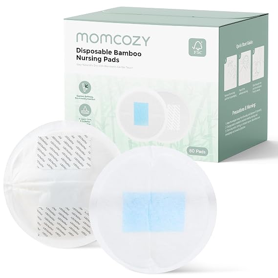 Momcozy Bamboo Disposable Nursing Pads, Blue Core Ultra-Absorbent, 80PCS | Leakproof, 3D Design, Biodegradable, for Sensitive Skin, Individually Wrapped, Portable for On-the-go