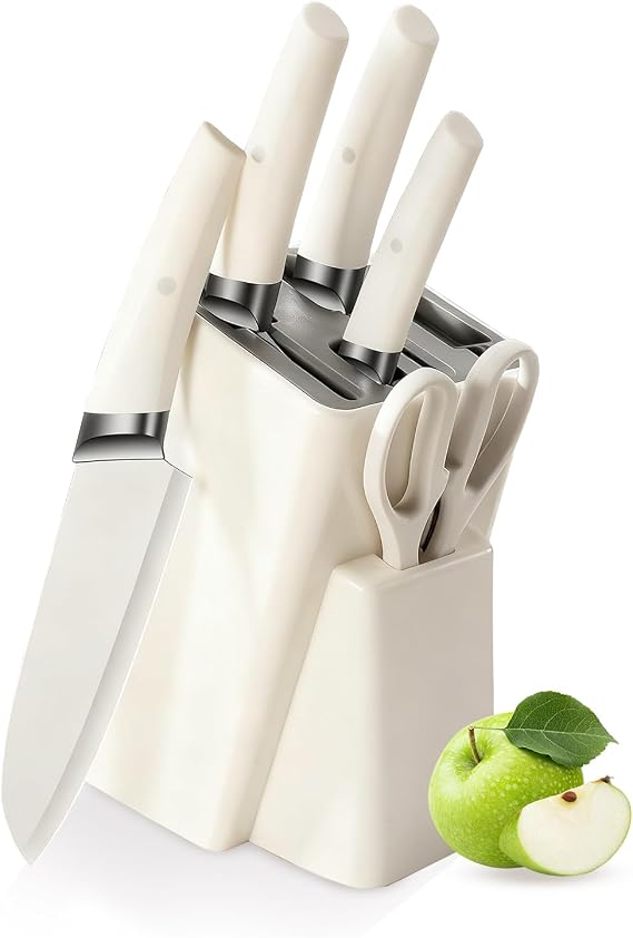 Knife Set, 6-Piece Kitchen Knife Set with Block, Stainless Steel Essentials Cutlery Block Set,Ultra-sharp Blades Chef Knives Set, Rust-Resistant, Ideal Housewarming Gift (White)