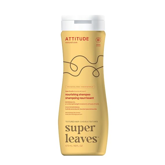 ATTITUDE Nourishing Shampoo for Curly Hair with Moringa Oil, EWG Verified, Vegan and Naturally Derived, 3a, 3b, 3c Curl Type, Provides Lightweight Moisture to Curls, 16 Fl Oz