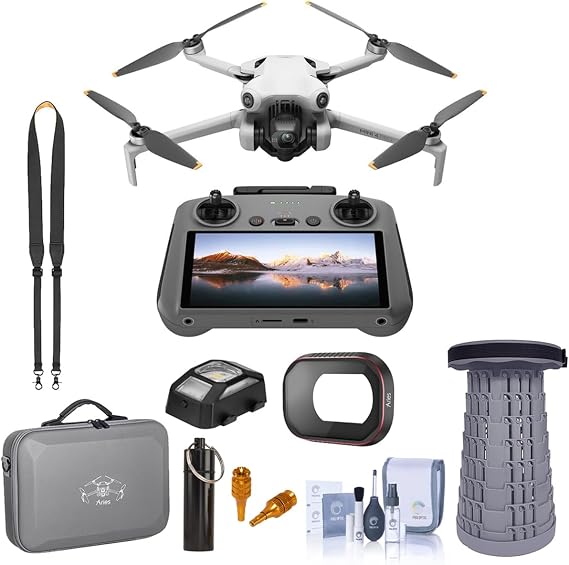DJI Mini 4 Pro Drone with RC 2 Remote Controller, Bundle with Carrying Case, Extension Joysticks, Neck Strap, UV Filter, LED Light, Stool/Chair, Cleaning Kit