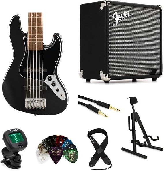 Squier Affinity Series Active Jazz Bass V Amp Essentials Bundle - Black