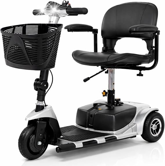 Vive 3 Wheel Mobility Scooter - Electric Powered Mobile Wheelchair Device | For Adults - Folding, Collapsible and Compact for Travel - Long Range Power Extended Battery with Charger and Basket Included