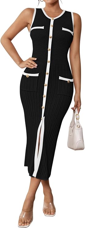 Pink Queen Women's Elegant Sweater Dress Sleeveless Slim Fit Bodycon Midi Dresses